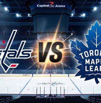 Stylized graphic showing the Washington Capitals logo on the left facing off against the Toronto Maple Leafs logo on the right, separated by a large "VS". They are illuminated by spotlights on the ice surface of a dimly lit hockey arena.
