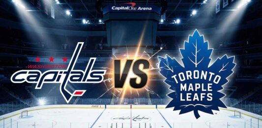 Stylized graphic showing the Washington Capitals logo on the left facing off against the Toronto Maple Leafs logo on the right, separated by a large "VS". They are illuminated by spotlights on the ice surface of a dimly lit hockey arena.