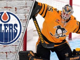 Tristan Jarry Pittsburgh Penguins goaltender in net against Edmonton Oilers