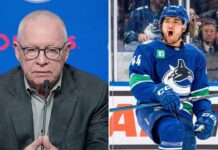 Jim Rutherford Vancouver Canucks President of Hockey Operations speaking to media about NHL trade rumors and roster retooling strategy.