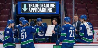 Vancouver Canucks players on the ice discussing strategy, representing the team entering trade deadline sell mode.