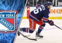 New York Rangers center Vincent Trocheck skates during an NHL game, with a superimposed Montreal Canadiens logo indicating a NHL trade rumor.