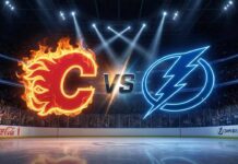 Stylized Calgary Flames and Tampa Bay Lightning logos colliding at center ice in Rogers Place with a "Vs" between them for the November 26, 2025 game.