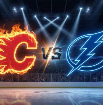 How to Watch Calgary Flames at Tampa Bay Lightning: TV & Streaming Guide Stylized Calgary Flames and Tampa Bay Lightning logos colliding at center ice in Rogers Place with a "Vs" between them for the November 26, 2025 game.