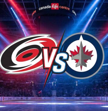 Stylized graphic showing the Carolina Hurricanes logo and Winnipeg Jets logo colliding with a "VS" between them, spotlighted over center ice inside a packed Canada Life Centre arena.