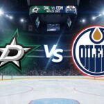Stylized Dallas Stars and Edmonton Oilers logos colliding at center ice in Rogers Place with a "Vs" between them for the November 25, 2025 game.