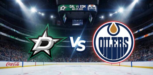 Western Conference Final Rematch: How to Watch Dallas Stars at Edmonton Oilers Stylized Dallas Stars and Edmonton Oilers logos colliding at center ice in Rogers Place with a "Vs" between them for the November 25, 2025 game.