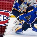 Montreal Canadiens Goaltending Woes: Is a Big Trade Coming? Jordan Binnington making a save with the Montreal Canadiens logo to the left