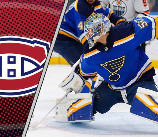 Montreal Canadiens Goaltending Woes: Is a Big Trade Coming? Jordan Binnington making a save with the Montreal Canadiens logo to the left