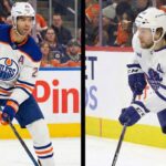 A split photograph separated by a thin black line. On the left side, Edmonton Oilers defenseman Darnell Nurse (#25) is skating with the puck in a white away jersey. On the right side, Toronto Maple Leafs defenseman Morgan Rielly (#44) is skating with the puck in a white away jersey. Both players are on the ice during game action.
