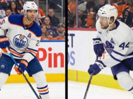 A split photograph separated by a thin black line. On the left side, Edmonton Oilers defenseman Darnell Nurse (#25) is skating with the puck in a white away jersey. On the right side, Toronto Maple Leafs defenseman Morgan Rielly (#44) is skating with the puck in a white away jersey. Both players are on the ice during game action.