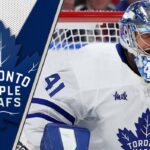 Anthony Stolarz Toronto Maple Leafs goaltender looking focused in net during an NHL game.