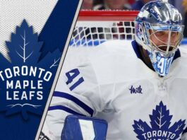 Anthony Stolarz Toronto Maple Leafs goaltender looking focused in net during an NHL game.