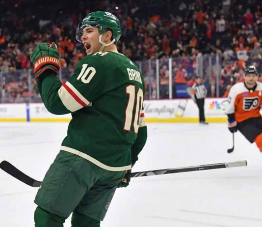 Bobby Brink of the Minnesota Wild celebrates a goal during a game.