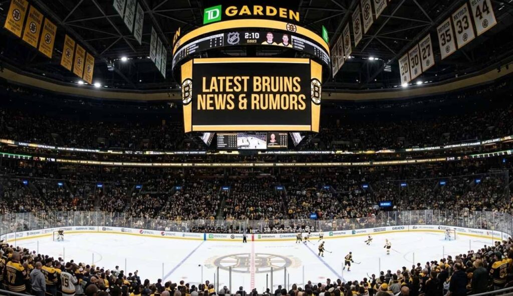 A wide-angle photograph inside TD Garden during a Boston Bruins hockey game, where the large center-hung scoreboard displays the text "LATEST BRUINS NEWS & RUMORS" in gold letters. The arena is packed with fans, and players are on the ice.