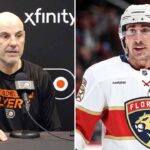 Is This The Year? Sabres Unstoppable & The Trade That Changed Everything | NHL News A split photograph showing two NHL figures. On the left side, Philadelphia Flyers head coach Rick Tocchet is seated at a press conference table with a microphone, wearing a black team shirt. On the right side, Florida Panthers forward Brad Marchand is shown in a white game jersey and helmet looking towards the side.