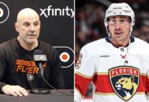 A split photograph showing two NHL figures. On the left side, Philadelphia Flyers head coach Rick Tocchet is seated at a press conference table with a microphone, wearing a black team shirt. On the right side, Florida Panthers forward Brad Marchand is shown in a white game jersey and helmet looking towards the side.