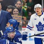 A split-frame photograph showing Toronto Maple Leafs head coach Craig Berube yelling on the bench on the left, with a fan holding a "We love you Berube!" sign behind the glass. On the right, Leafs captain Auston Matthews stands on the ice in a white away jersey during a game.