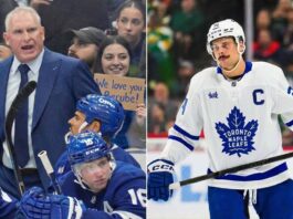 A split-frame photograph showing Toronto Maple Leafs head coach Craig Berube yelling on the bench on the left, with a fan holding a "We love you Berube!" sign behind the glass. On the right, Leafs captain Auston Matthews stands on the ice in a white away jersey during a game.