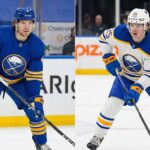 A split-screen image showing Buffalo Sabres defensemen Bowen Byram on the left, standing in a blue home jersey, and Owen Power on the right, skating in a white away jersey with a puck.
