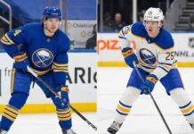 A split-screen image showing Buffalo Sabres defensemen Bowen Byram on the left, standing in a blue home jersey, and Owen Power on the right, skating in a white away jersey with a puck.