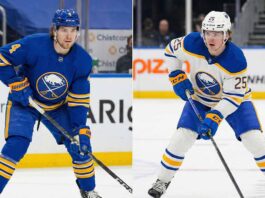 A split-screen image showing Buffalo Sabres defensemen Bowen Byram on the left, standing in a blue home jersey, and Owen Power on the right, skating in a white away jersey with a puck.
