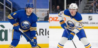 Buffalo Sabres Trade Block Analysis: Owen Power vs. Bowen Byram A split-screen image showing Buffalo Sabres defensemen Bowen Byram on the left, standing in a blue home jersey, and Owen Power on the right, skating in a white away jersey with a puck.