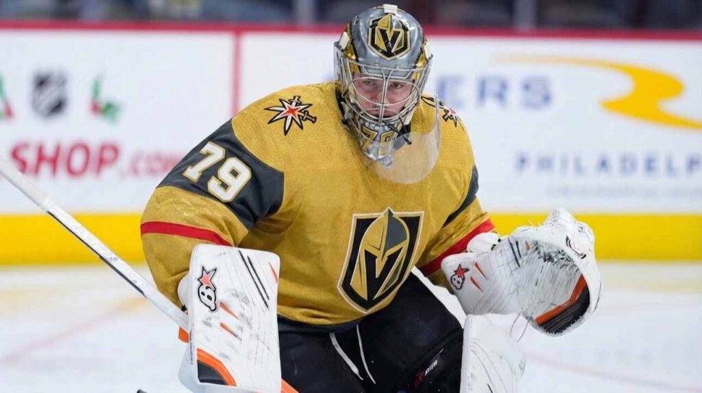 Carter Hart wearing Vegas Golden Knights goaltender gear during practice