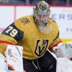 Carter Hart wearing Vegas Golden Knights goaltender gear during practice