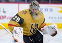 Carter Hart wearing Vegas Golden Knights goaltender gear during practice