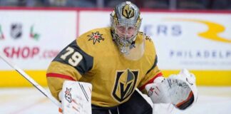 Carter Hart wearing Vegas Golden Knights goaltender gear during practice