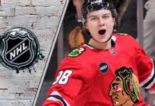 Connor Bedard celebrating a goal for the Chicago Blackhawks against the Anaheim Ducks