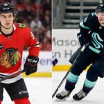 A split-screen photograph showing Chicago Blackhawks forward Connor Bedard (#98) standing on the ice in his red home jersey on the left, alongside Seattle Kraken defenseman Vince Dunn (#29) skating in his dark blue away jersey on the right.