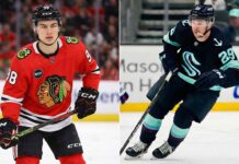 NHL News: Bedard Soars, Dunn’s Milestone & Huge Trade Rumors A split-screen photograph showing Chicago Blackhawks forward Connor Bedard (#98) standing on the ice in his red home jersey on the left, alongside Seattle Kraken defenseman Vince Dunn (#29) skating in his dark blue away jersey on the right.