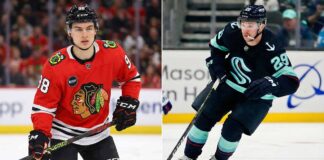 A split-screen photograph showing Chicago Blackhawks forward Connor Bedard (#98) standing on the ice in his red home jersey on the left, alongside Seattle Kraken defenseman Vince Dunn (#29) skating in his dark blue away jersey on the right.