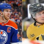 A split-screen photograph featuring two NHL team captains. On the left, Connor McDavid of the Edmonton Oilers in his blue jersey, looking serious. On the right, Mitch Marner of the Vegas Golden Knights in his gold jersey, smiling.