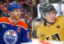 A split-screen photograph featuring two NHL team captains. On the left, Connor McDavid of the Edmonton Oilers in his blue jersey, looking serious. On the right, Mitch Marner of the Vegas Golden Knights in his gold jersey, smiling.