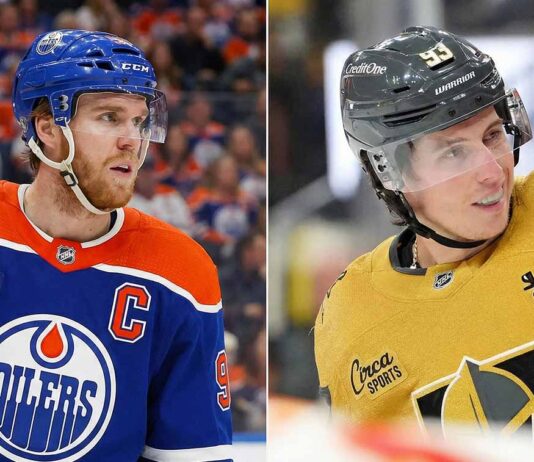 A split-screen photograph featuring two NHL team captains. On the left, Connor McDavid of the Edmonton Oilers in his blue jersey, looking serious. On the right, Mitch Marner of the Vegas Golden Knights in his gold jersey, smiling.