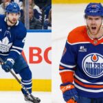 A split image featuring potential Toronto Maple Leafs defenseman Rasmus Andersson skating with the puck on the left, and Edmonton Oilers captain Connor McDavid shouting passionately during a game on the right.