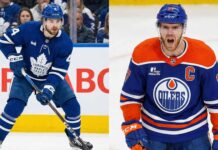 A split image featuring potential Toronto Maple Leafs defenseman Rasmus Andersson skating with the puck on the left, and Edmonton Oilers captain Connor McDavid shouting passionately during a game on the right.