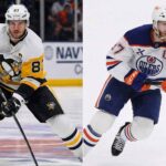 A split-screen photograph showing Pittsburgh Penguins captain Sidney Crosby (left) in a white away jersey in a skating stance, and Edmonton Oilers captain Connor McDavid (right) in a white away jersey skating intensely on the ice.