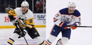 A split-screen photograph showing Pittsburgh Penguins captain Sidney Crosby (left) in a white away jersey in a skating stance, and Edmonton Oilers captain Connor McDavid (right) in a white away jersey skating intensely on the ice.
