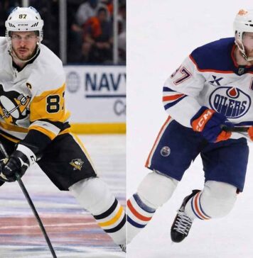A split-screen photograph showing Pittsburgh Penguins captain Sidney Crosby (left) in a white away jersey in a skating stance, and Edmonton Oilers captain Connor McDavid (right) in a white away jersey skating intensely on the ice.
