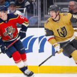 A split photo showing Chicago Blackhawks defenseman Connor Murphy in two different NHL uniforms. On the left, Murphy is skating in a red Florida Panthers home jersey with his number 5. On the right, he is skating in a gold Vegas Golden Knights home jersey, also with number 5. Both images are set against the same background of fans in an arena.