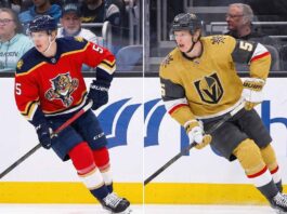 Why Connor Murphy Deserves This Trade Escape from Chicago A split photo showing Chicago Blackhawks defenseman Connor Murphy in two different NHL uniforms. On the left, Murphy is skating in a red Florida Panthers home jersey with his number 5. On the right, he is skating in a gold Vegas Golden Knights home jersey, also with number 5. Both images are set against the same background of fans in an arena.