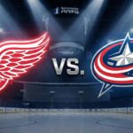 A wide-angle view of the glowing, stylized logos for the Detroit Red Wings and Columbus Blue Jackets facing off with the word "VS." between them. They are spotlights over the ice at Nationwide Arena.