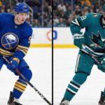 A split-screen composite image showing Columbus Blue Jackets forward Yegor Chinakhov skating with a puck, depicted on the left in a Buffalo Sabres home uniform and on the right in a San Jose Sharks home uniform.