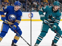 A split-screen composite image showing Columbus Blue Jackets forward Yegor Chinakhov skating with a puck, depicted on the left in a Buffalo Sabres home uniform and on the right in a San Jose Sharks home uniform.