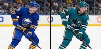 Why Yegor Chinakhov is a Perfect Trade Target for the Sharks and Sabres A split-screen composite image showing Columbus Blue Jackets forward Yegor Chinakhov skating with a puck, depicted on the left in a Buffalo Sabres home uniform and on the right in a San Jose Sharks home uniform.