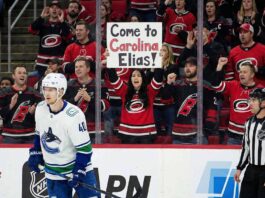 Vancouver Canucks forward Elias Pettersson (40) skates on the ice during a game. Behind the glass, a female fan in a Carolina Hurricanes jersey holds up a sign that reads, "Come to Carolina Elias!", while surrounded by other cheering Hurricanes fans.
